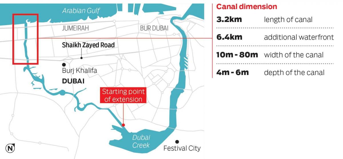 karta över Dubai kanalen
